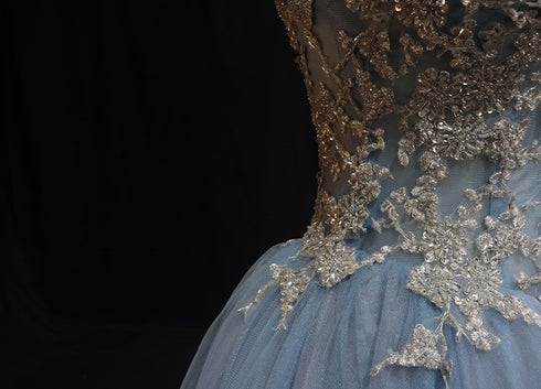 Light Blue High-Neck Tulle Ball Gown Wedding Dress - Embellished Wedding Dress - Aline Ball Gown Wedding Dress Plus Size